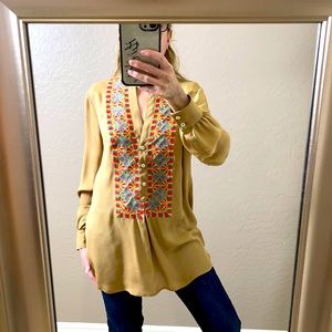 Haute Hippie Aztec Embroidered Silk L/S Blouse Tan Multi-colored Size Small